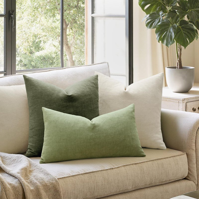 MIULEE أغطية وسائد باللون الأخضر الزيتوني 20x20 بوصة، مجموعة من 2 أغطية وسائد زخرفية ناعمة من الشنيلا مربعة الشكل للكنبة وغرفة المعيشة والسرير - Image 3